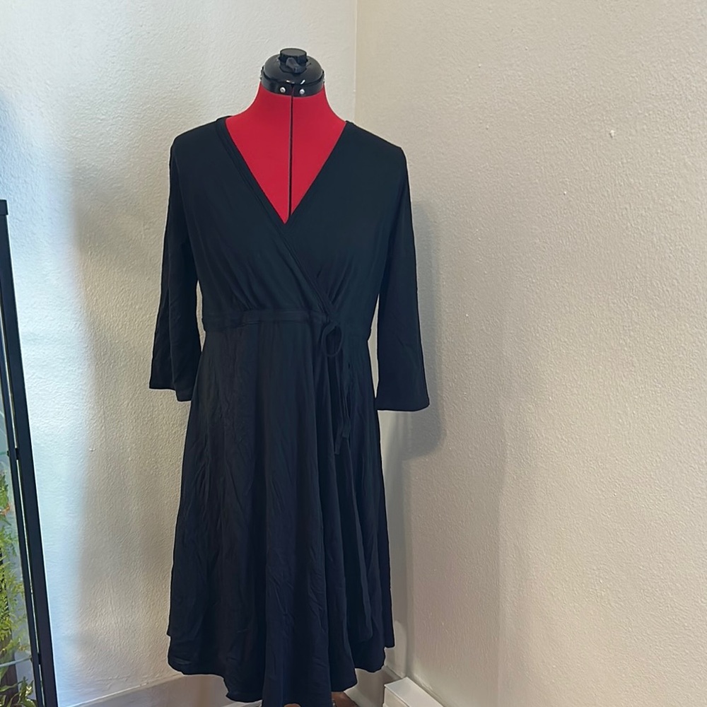 Indigenous Black Long Sleeve Faux Wrap Organic Cotton Dress